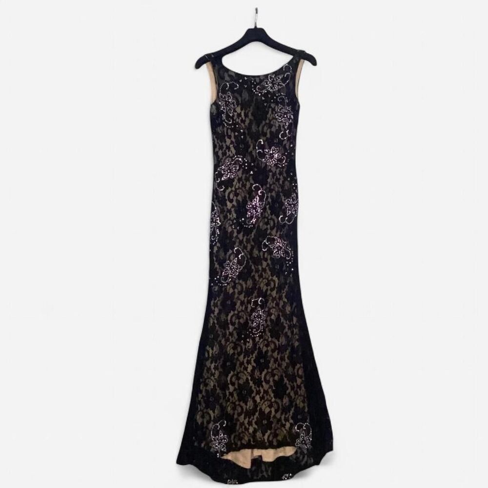 INtrigue by Blush  Women's Black Lace Crystal Floral Formal Maxi Dress Size 6